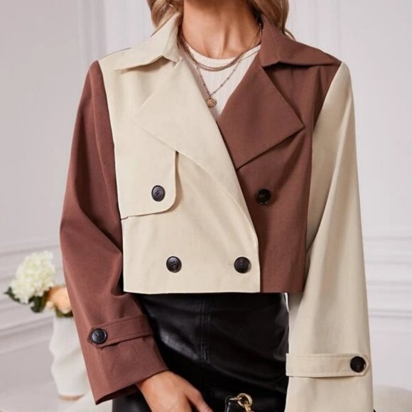 . Jackets & Blazers - Contemporary Two Tone Colorblock Double Breasted Trench Coat